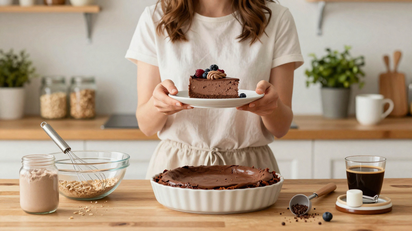 Pessoa a segurar fatia de tarte de chocolate com frutos vermelhos numa cozinha moderna e luminosa.