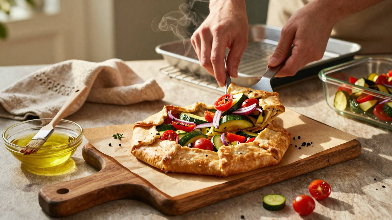 Pessoa a cortar uma tarte rústica com legumes variados sobre tábua de madeira numa cozinha iluminada.