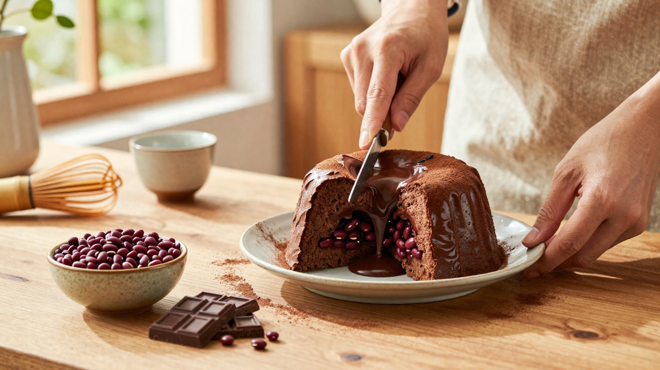 Pessoa a cortar bolo de chocolate com recheio e cobertura de chocolate derretido numa cozinha luminosa.
