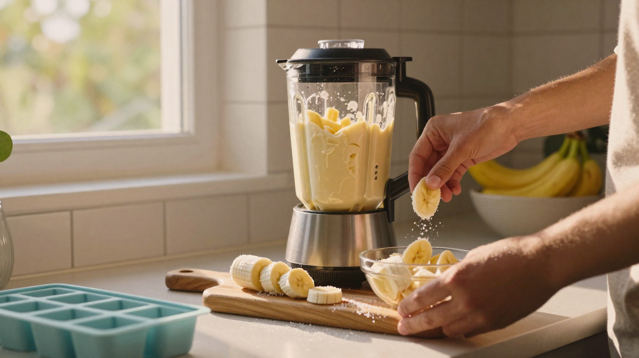Pessoa a preparar batido de banana com liquidificador numa cozinha iluminada.