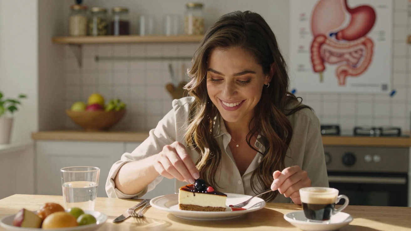 Mulher sorridente sentada à mesa a preparar-se para comer uma fatia de cheesecake com frutos vermelhos.