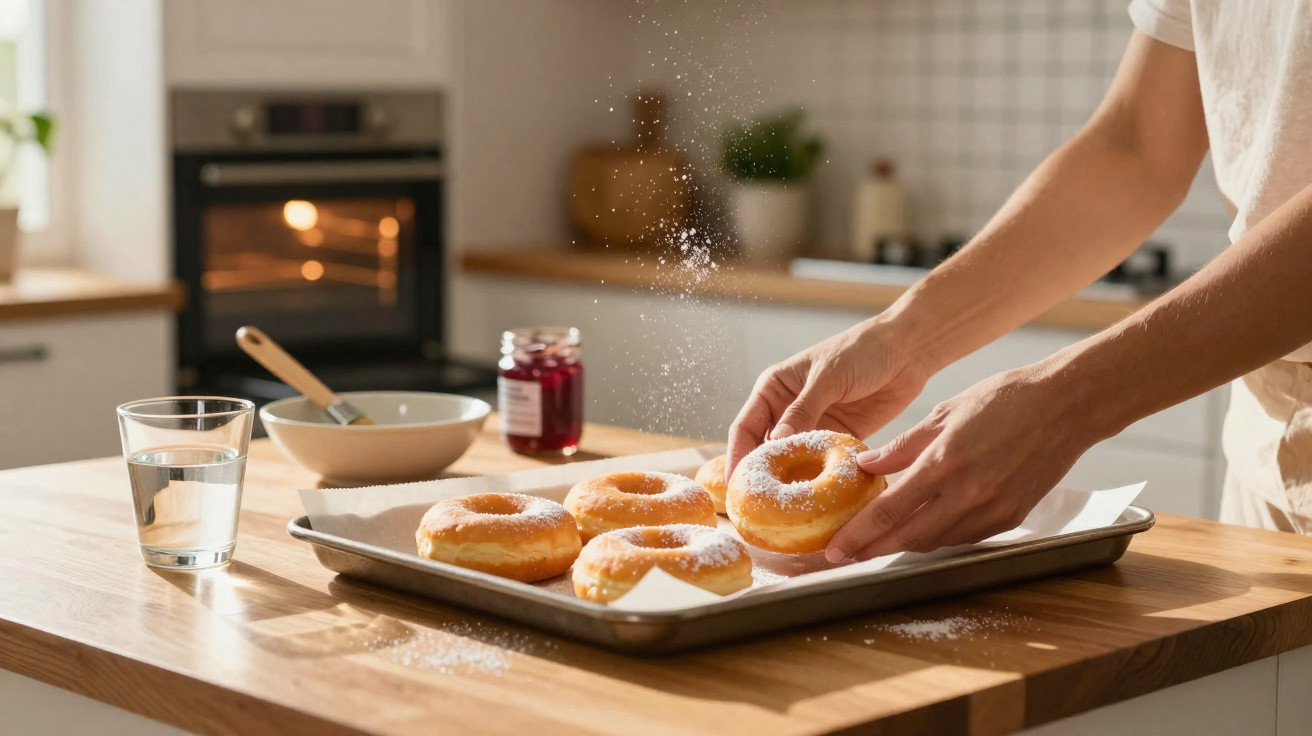 Mãos polvilhando açúcar em quatro donuts num tabuleiro numa cozinha luminosa e moderna.