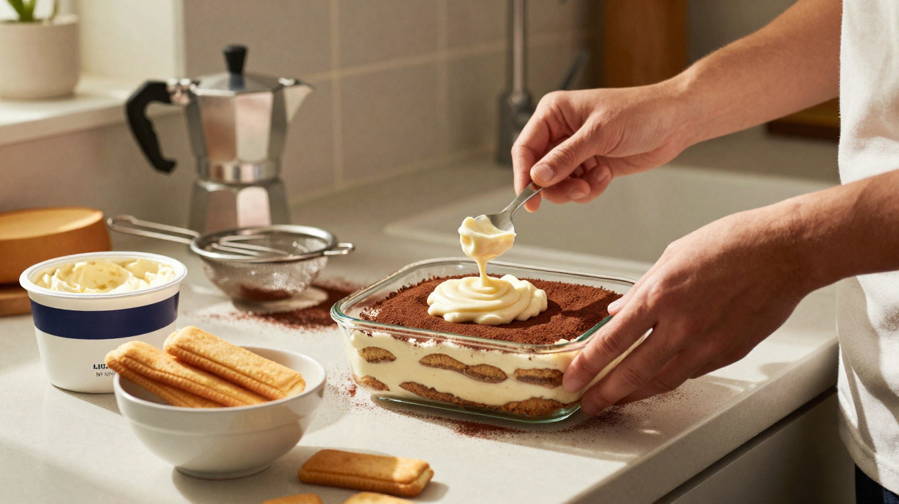Mãos a decorar uma sobremesa tiramisu com creme num recipiente quadrado de vidro na cozinha.