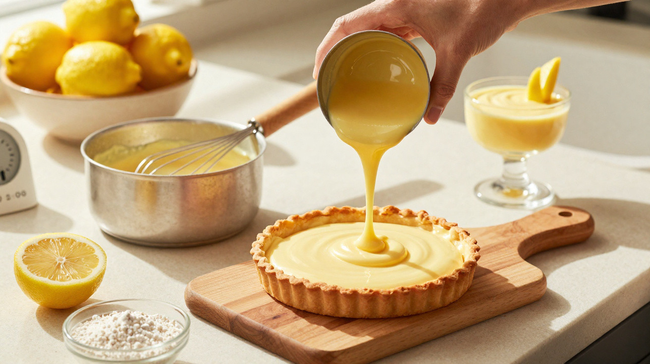 Mão a verter creme amarelo numa tarte de limão sobre tábua de madeira, com limões e utensílios na bancada.