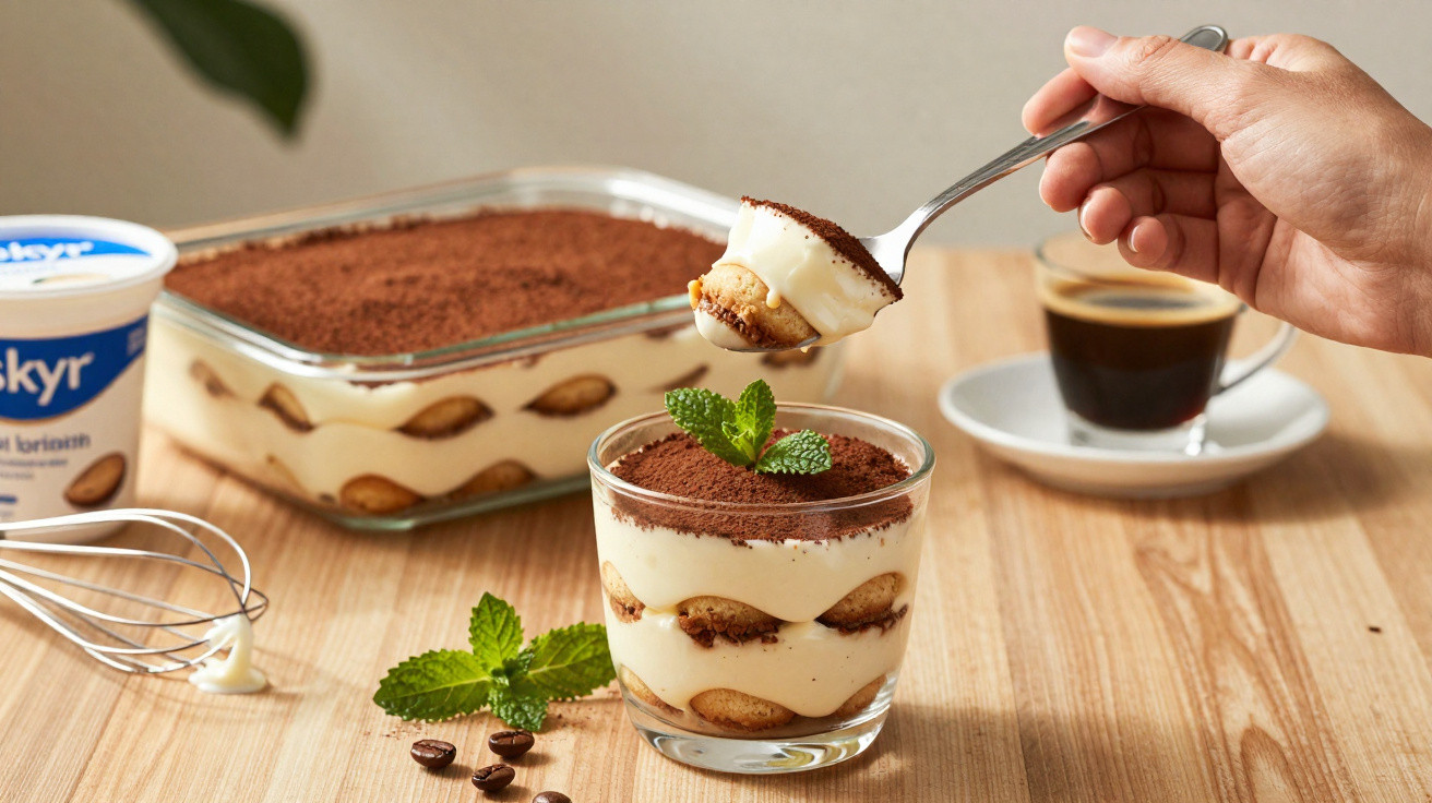 Tiramisu servido em copo com folhas de hortelã, colher a retirar uma dose e café em fundo desfocado.