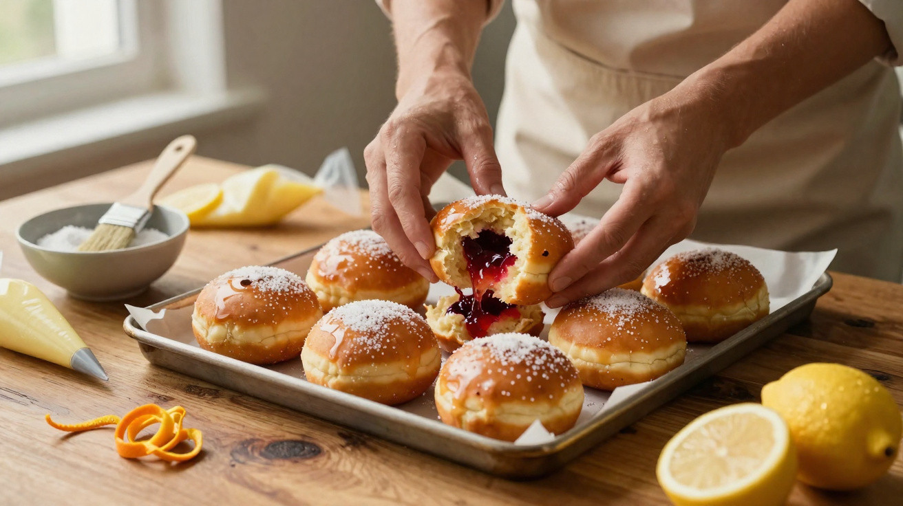 Pão doce recheado com geleia a ser partido ao meio sobre tabuleiro com seis bolos polvilhados com açúcar.