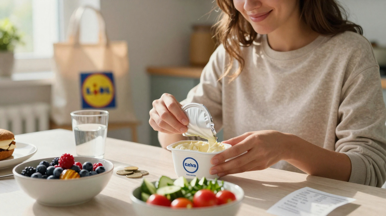 Mulher abre embalagem de iogurte à mesa com frutos vermelhos, legumes e bebida ao lado, em cozinha luminosa.