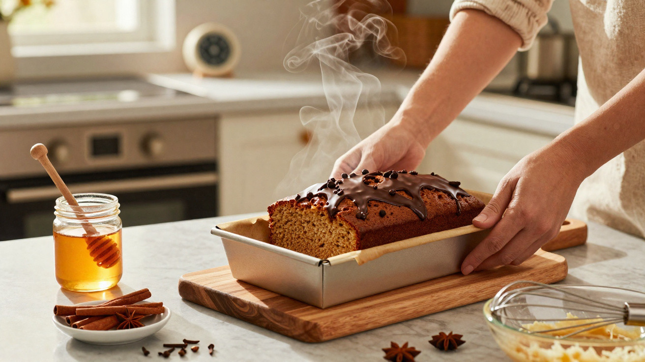 Bolo acabado de fazer com cobertura de chocolate quente fumegante, sobre bancada de cozinha moderna.