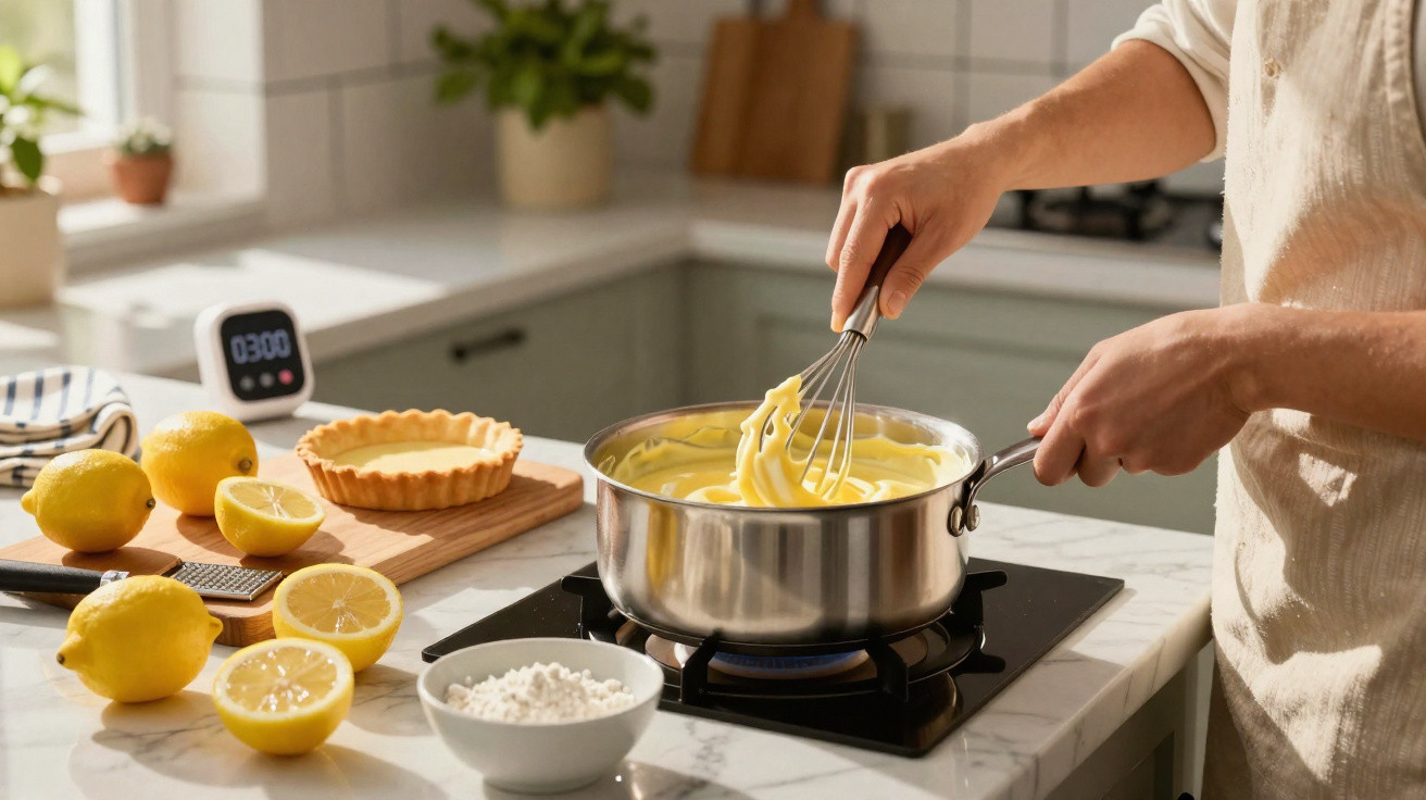 Pessoa a mexer creme amarelo num tacho, rodeada por limões, massa para tarte e farinha sobre bancada de cozinha.