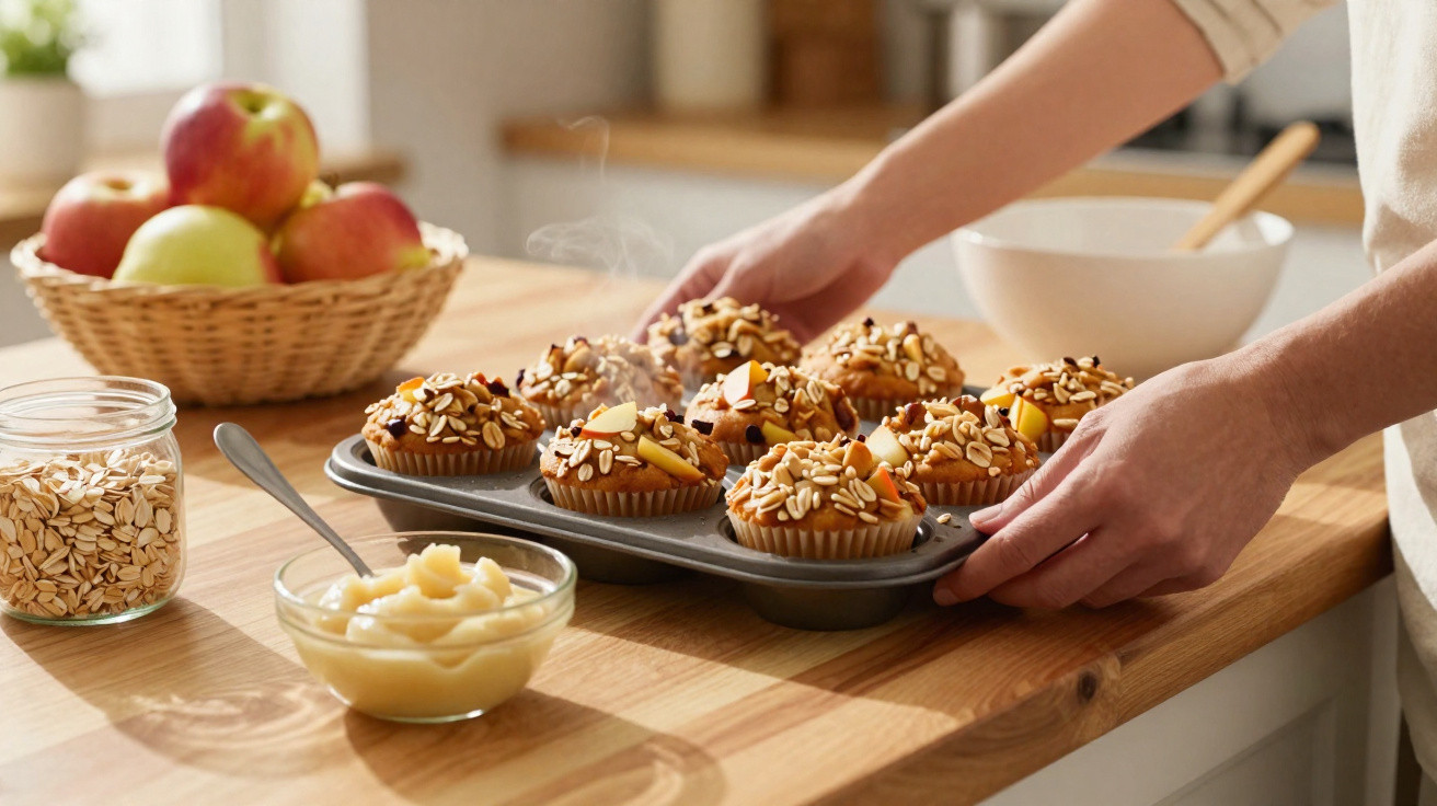 Pessoa a retirar muffins com aveia e fruta de uma forma metálica numa cozinha iluminada.