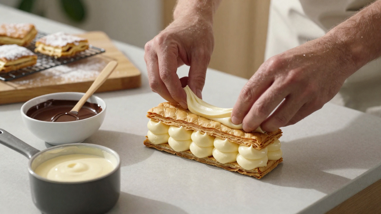 Mãos a montar sobremesa com massa folhada e creme, com tigelas de chocolate e creme na bancada.