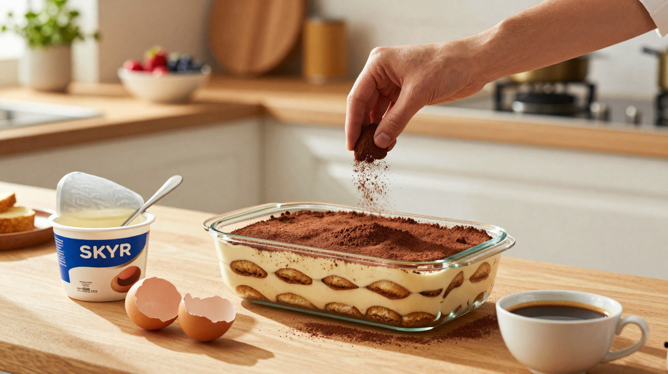 Mão polvilha cacau em sobremesa tiramisù numa taça de vidro na cozinha com café, ovos e iogurte.