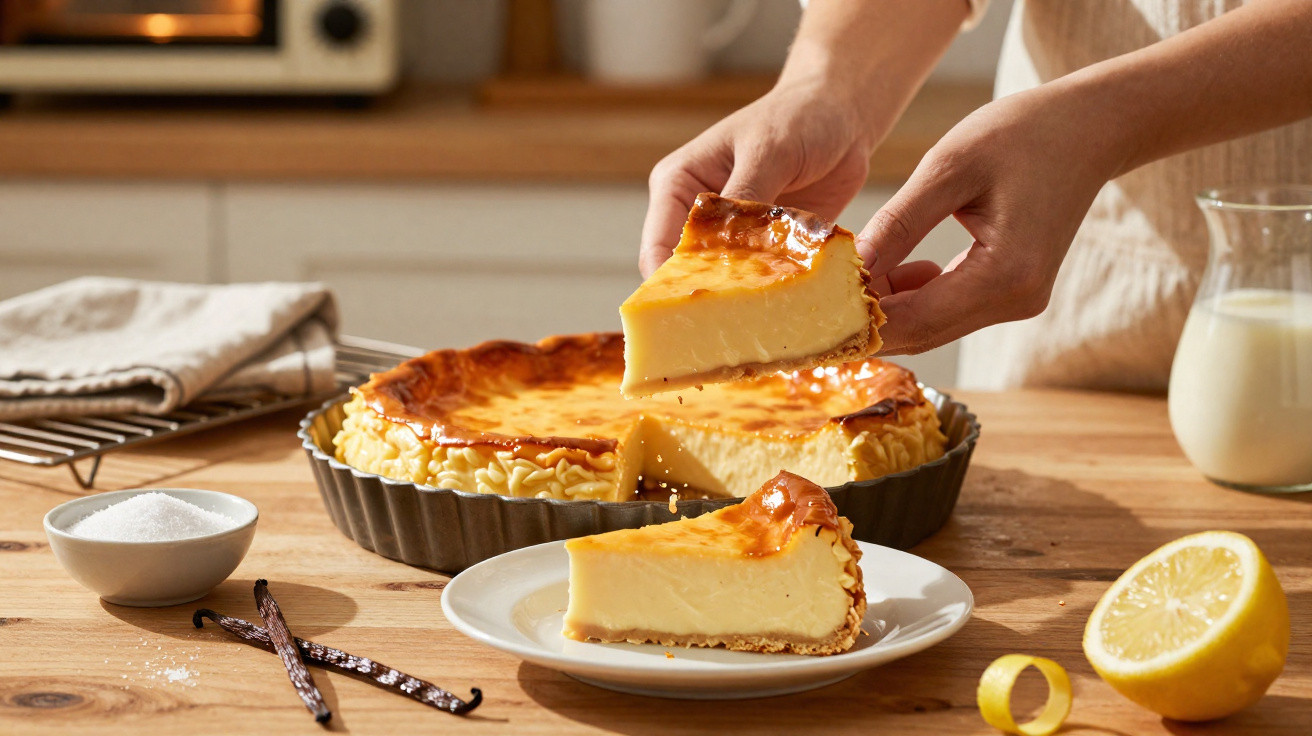 Pessoa a servir fatia de tarte de limão numa cozinha, com ingredientes e tarte no tabuleiro ao fundo.