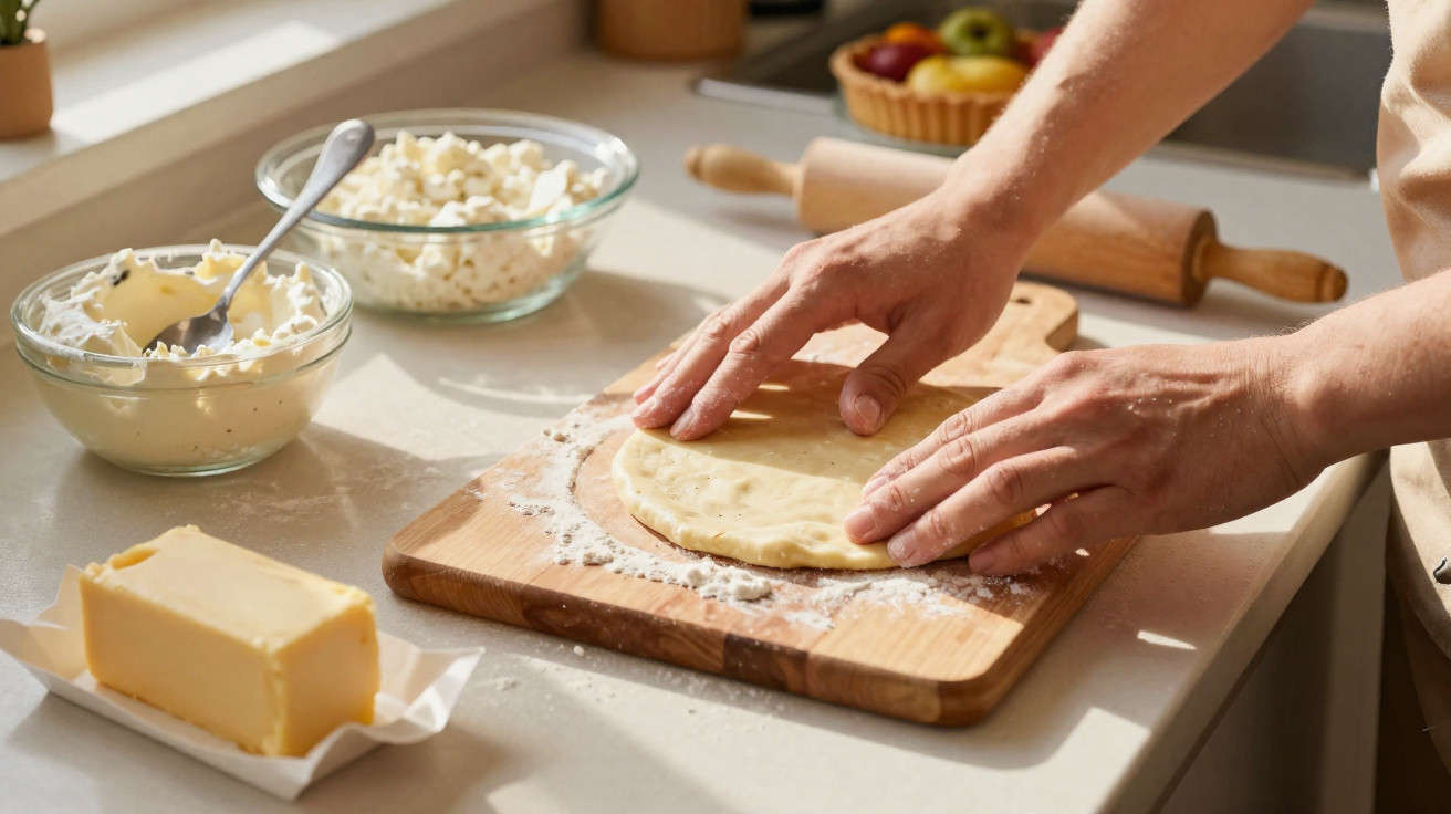 Mãos a estender massa numa tábua de madeira com queijo e manteiga na bancada de cozinha.