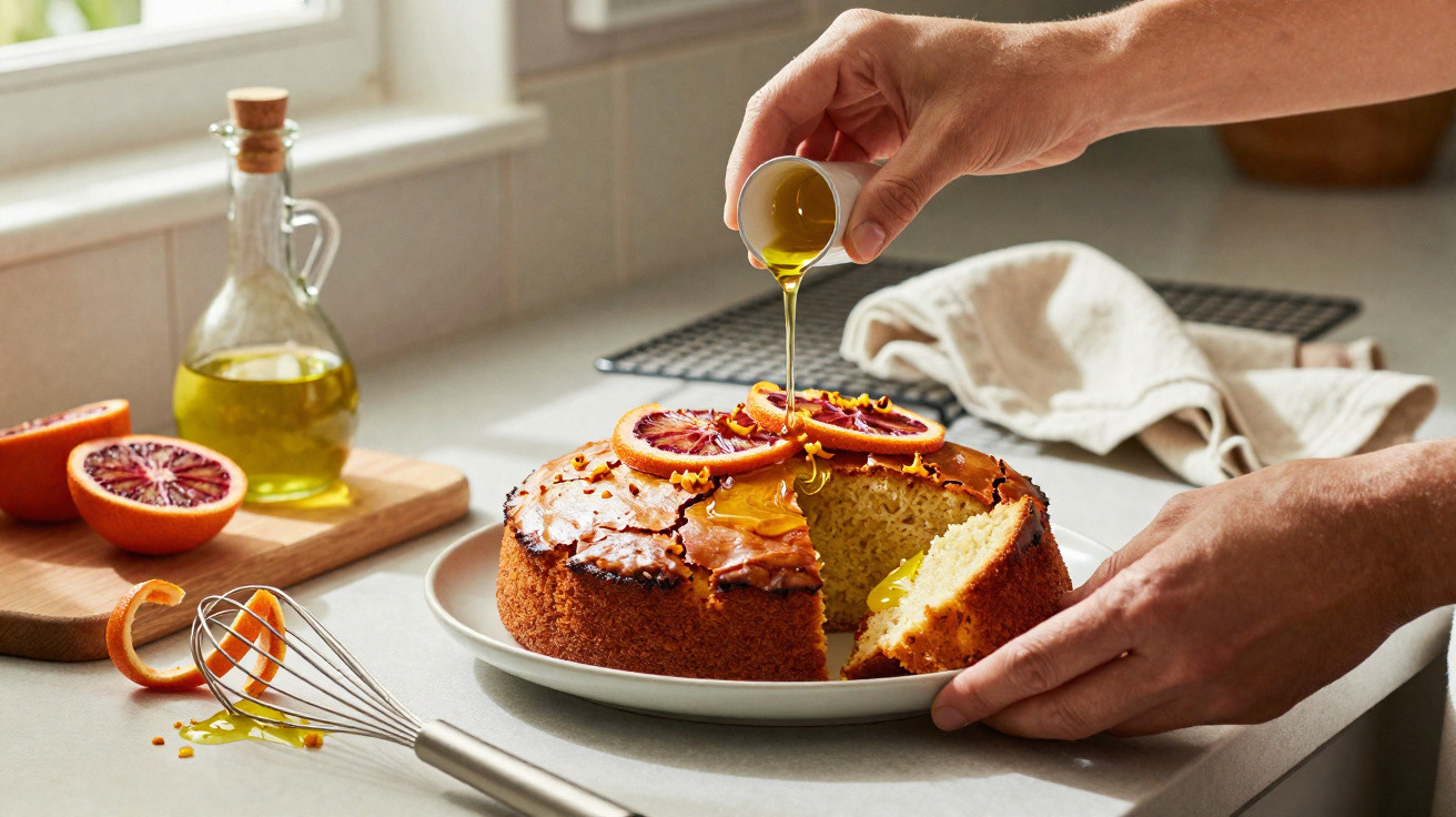 Bolo húmido com fatia cortada e mãos a regar mel, decorado com fatias de laranja e casca na bancada da cozinha.