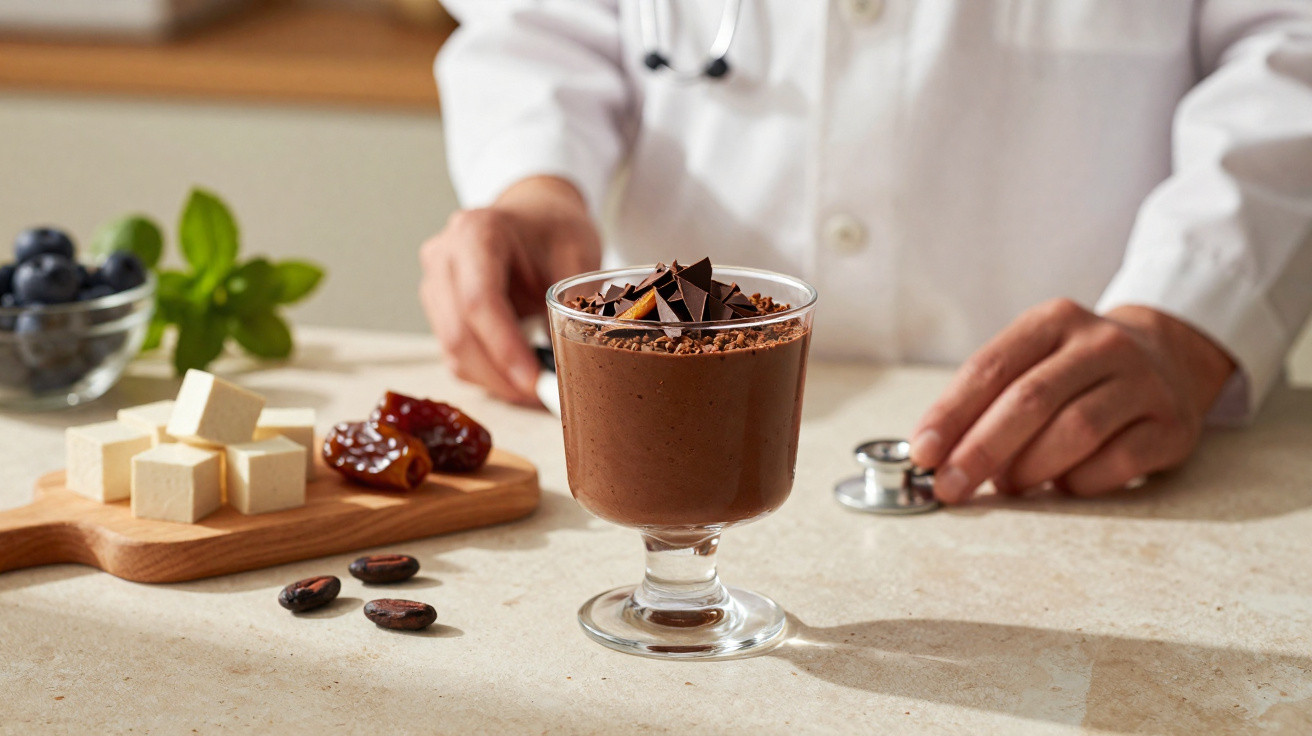 Taça de mousse de chocolate com pedaços de chocolate no topo, em balcão com mãos e estetoscópio desfocados ao fundo.