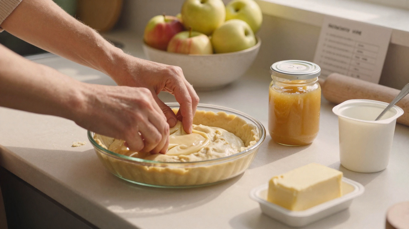 Mãos femininas a colocar fatias de maçã numa tarte caseira, com ingredientes e maçãs ao fundo.