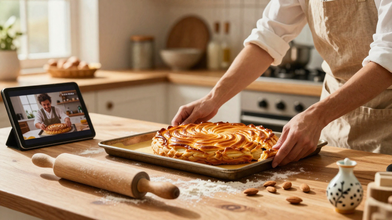 Pessoa a retirar uma tarte recém-assada do forno numa cozinha com tablet a mostrar receita.