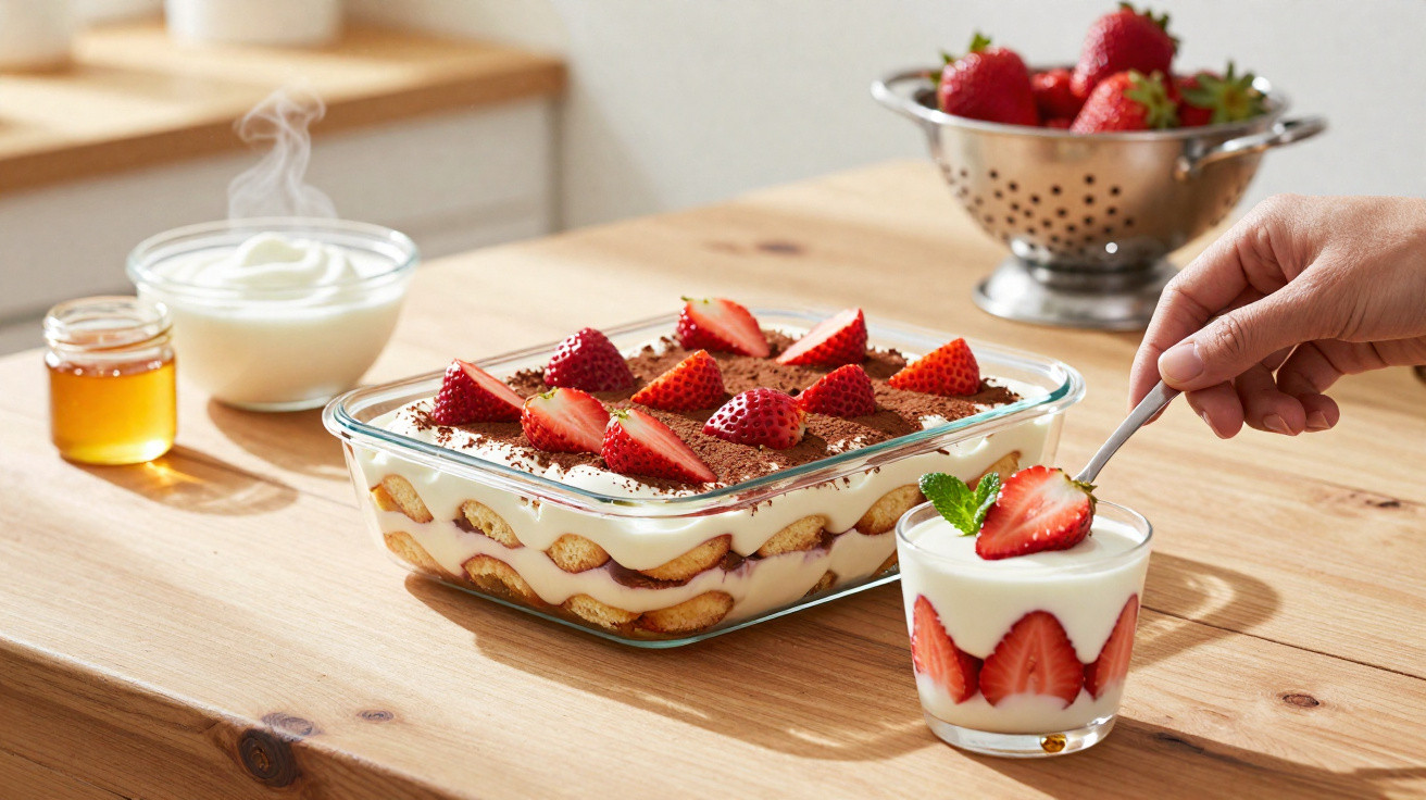 Tiramisu com morangos em travessa de vidro, iogurte com morangos em copo e frasco de mel na mesa de madeira.