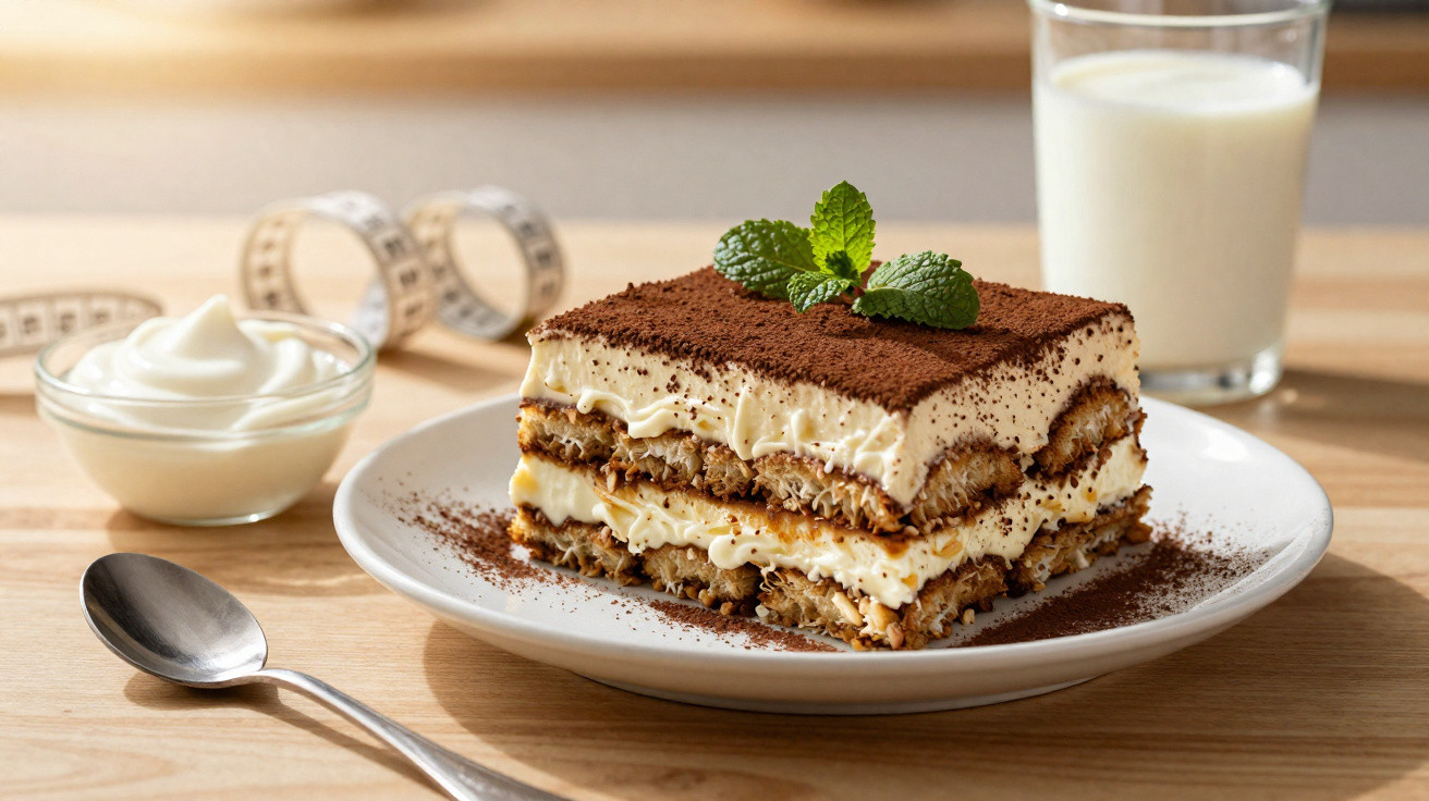 Fatía de tiramisú num prato branco com cacau polvilhado e folhas de hortelã, acompanhado por colher e copo de leite.