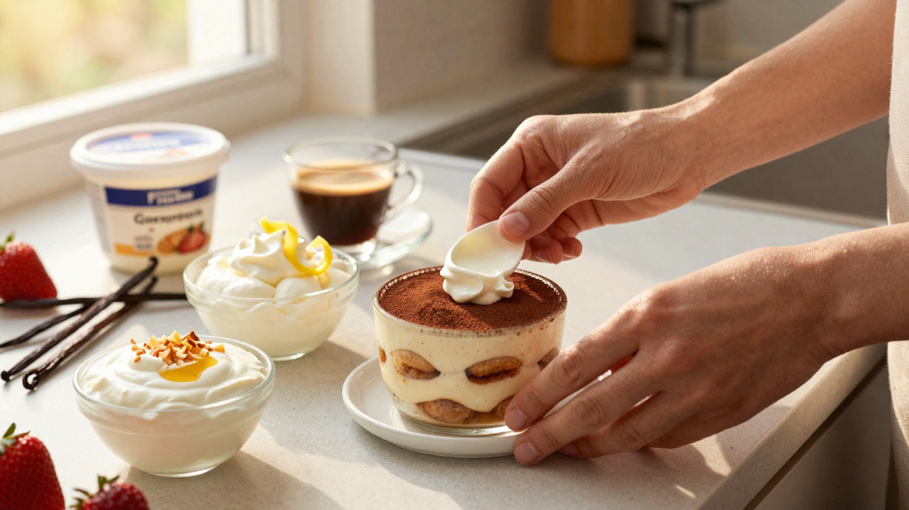 Mãos a decorar tiramisù com creme, ao lado de café, iogurte e morangos numa bancada de cozinha iluminada.