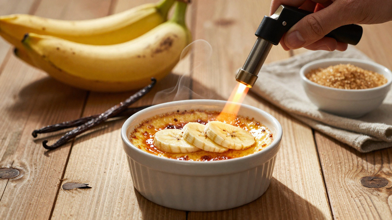 Crème brûlée com rodelas de banana a ser caramelizado com maçarico, acompanhado de bananas e fava de baunilha.