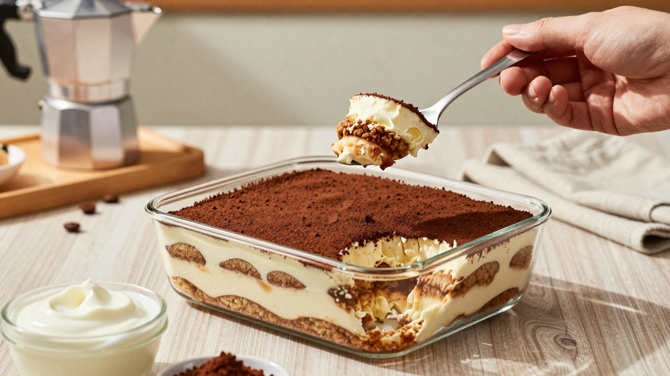 Mão a colher tiramisù numa travessa de vidro com camadas de creme, bolacha e cacau em pó.