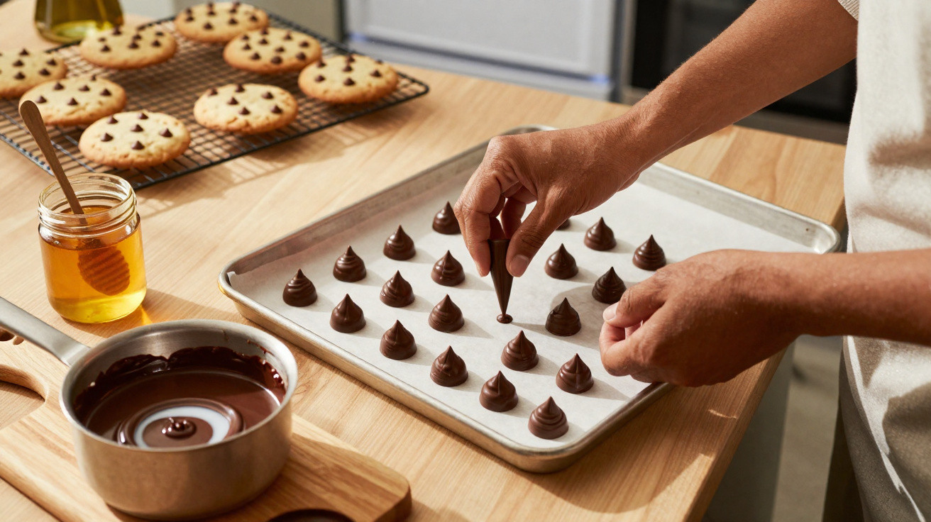 Pessoa a colocar gotas de chocolate prensadas em tabuleiro de forno, perto de biscoitos e mel.