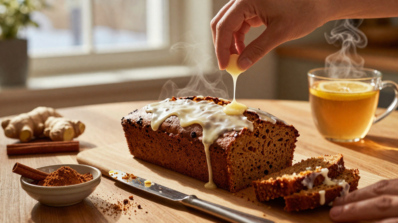 Bolo de especiarias com cobertura branca a ser regada, com chá e especiarias numa mesa de madeira iluminada.