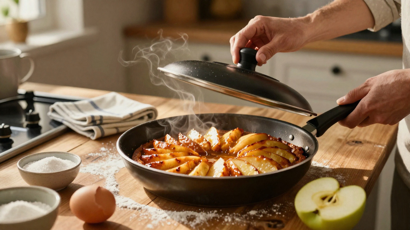 Mãos a retirar tampa de frigideira com tarte de maçã quente e fumegante numa cozinha caseira.