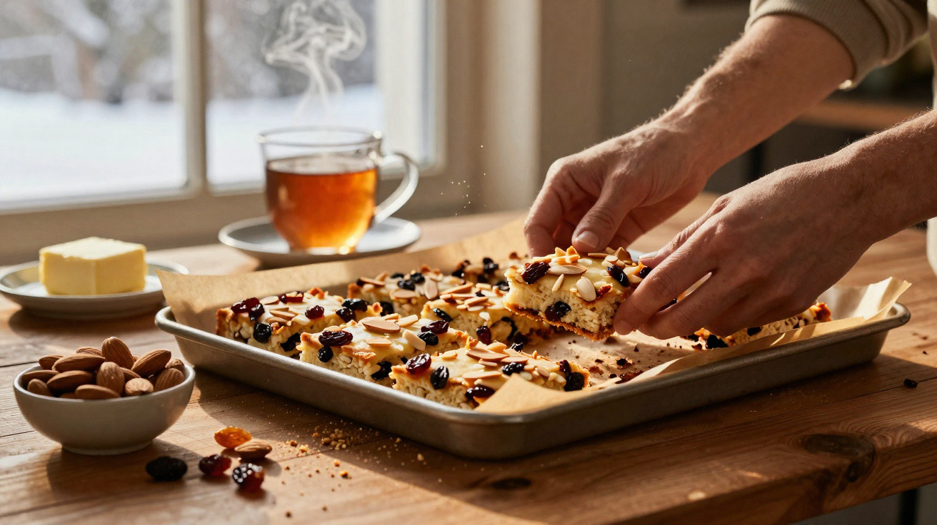Mãos a retirar barra de bolo com amêndoas e frutos secos de tabuleiro, chá quente e manteiga na mesa.