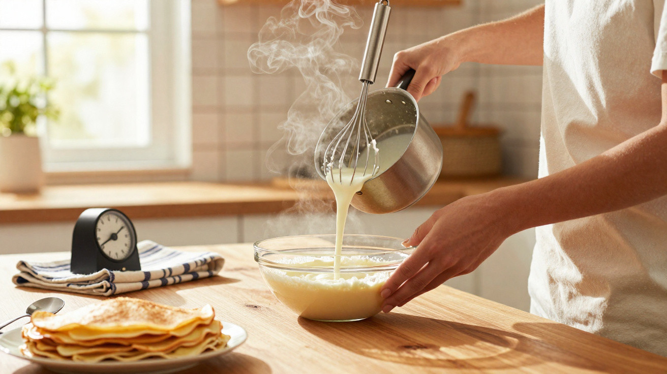 Pessoa a verter creme quente numa taça transparente numa cozinha iluminada e arejada.
