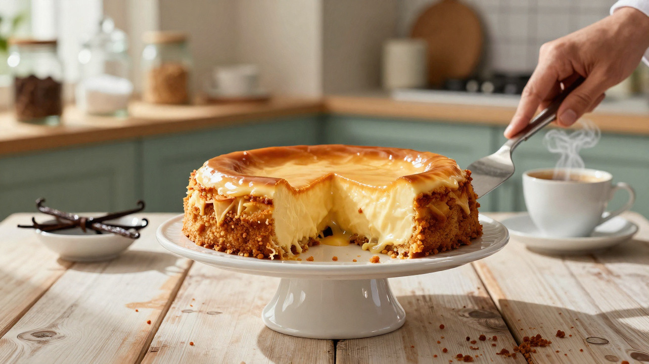 Cheesecake com cobertura cremosa e base de bolacha, servido numa mão, com chá quente ao fundo.