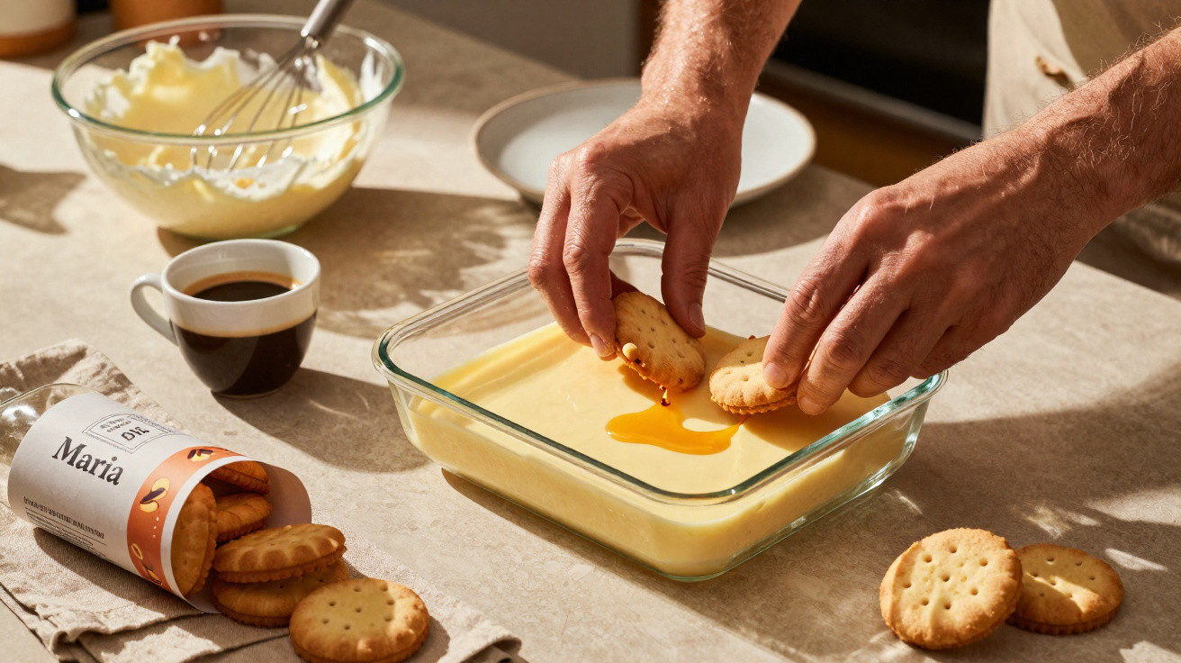Mãos a mergulhar bolachas Maria num recipiente com creme amarelo, ao lado de café e tigela com chantilly.