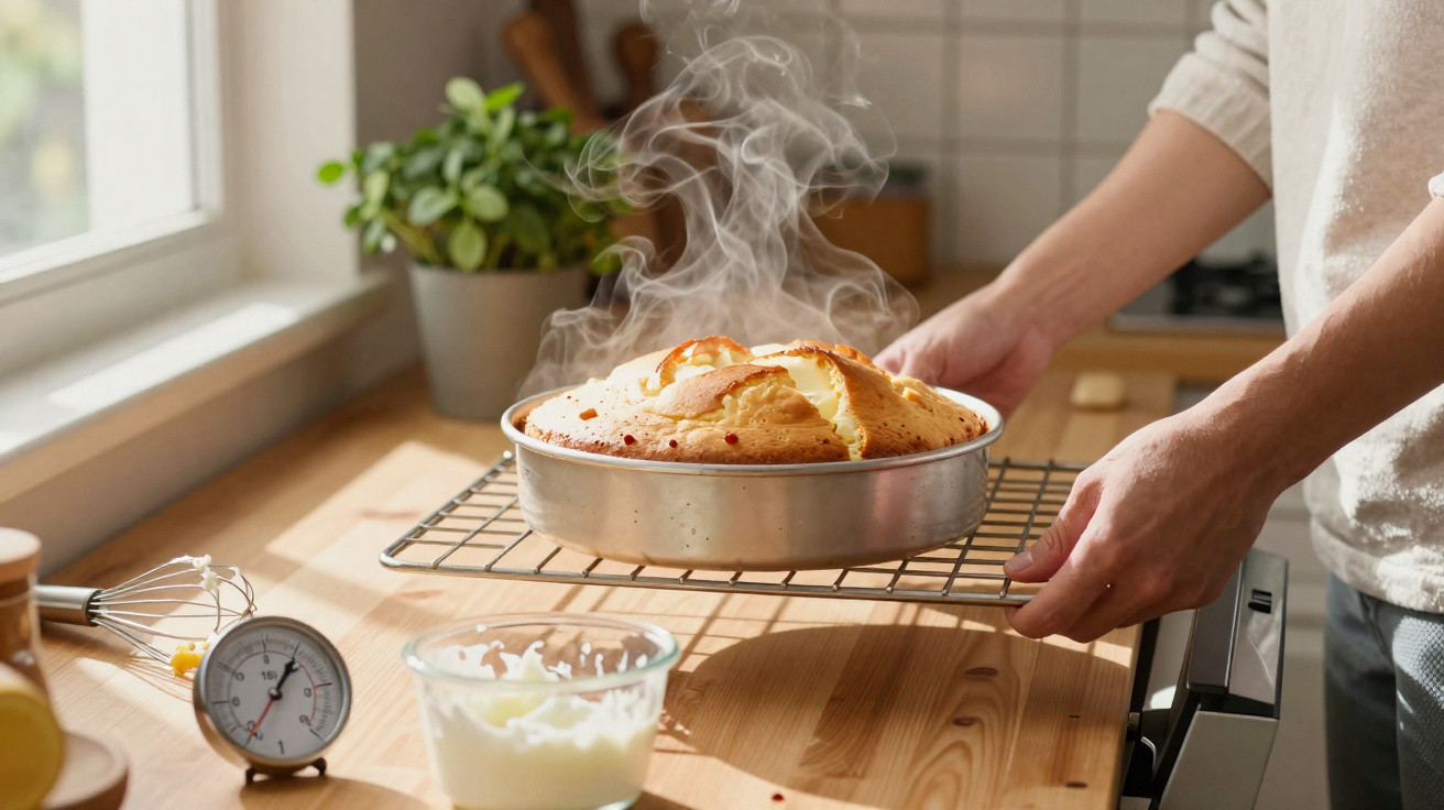 Bolo acabado de sair do forno a arrefecer numa grelha na cozinha com vapor a subir.