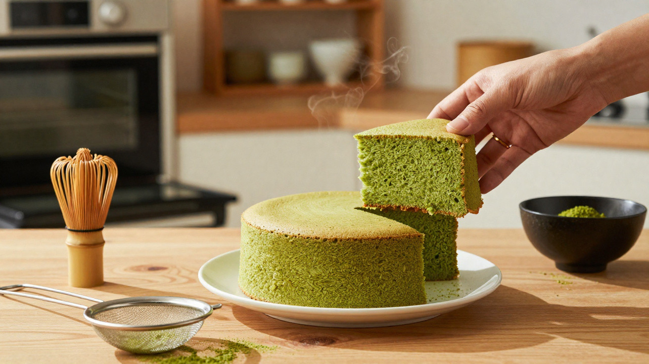 Pessoa a segurar fatia de bolo verde sobre prato branco numa mesa de cozinha com utensílios de chá matcha.