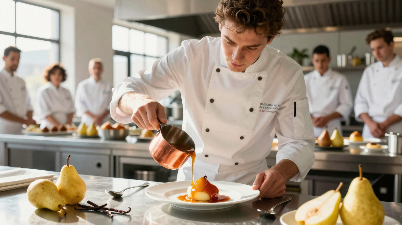 Chef jovem a verter molho sobre uma sobremesa com pêra num laboratório de cozinha profissional.