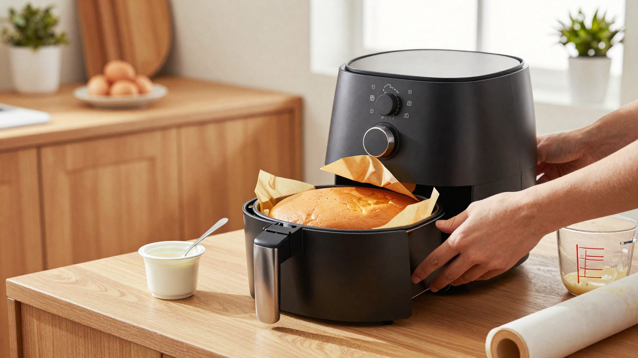 Pessoa a retirar bolo dourado acabado de cozer de fritadeira elétrica preta na cozinha moderna.
