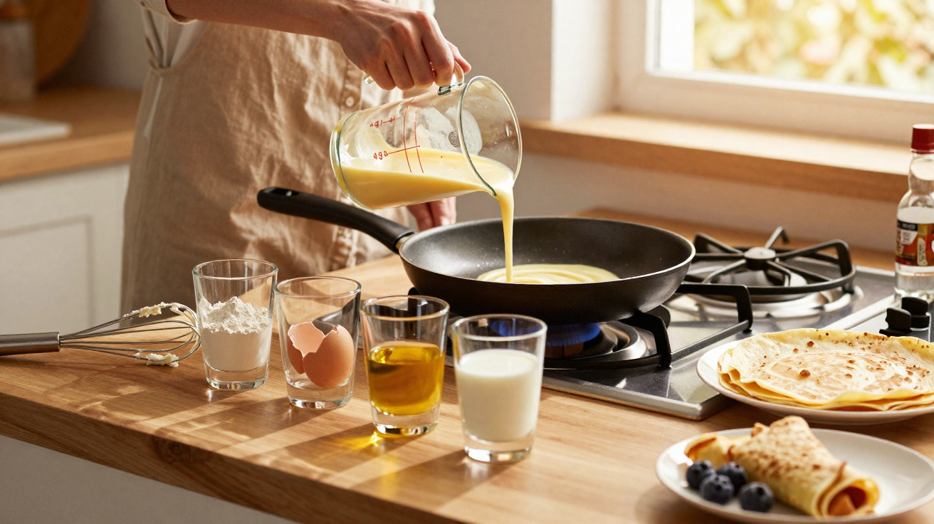 Pessoa a verter massa para panquecas numa frigideira, com ingredientes e panquecas feitas na bancada.