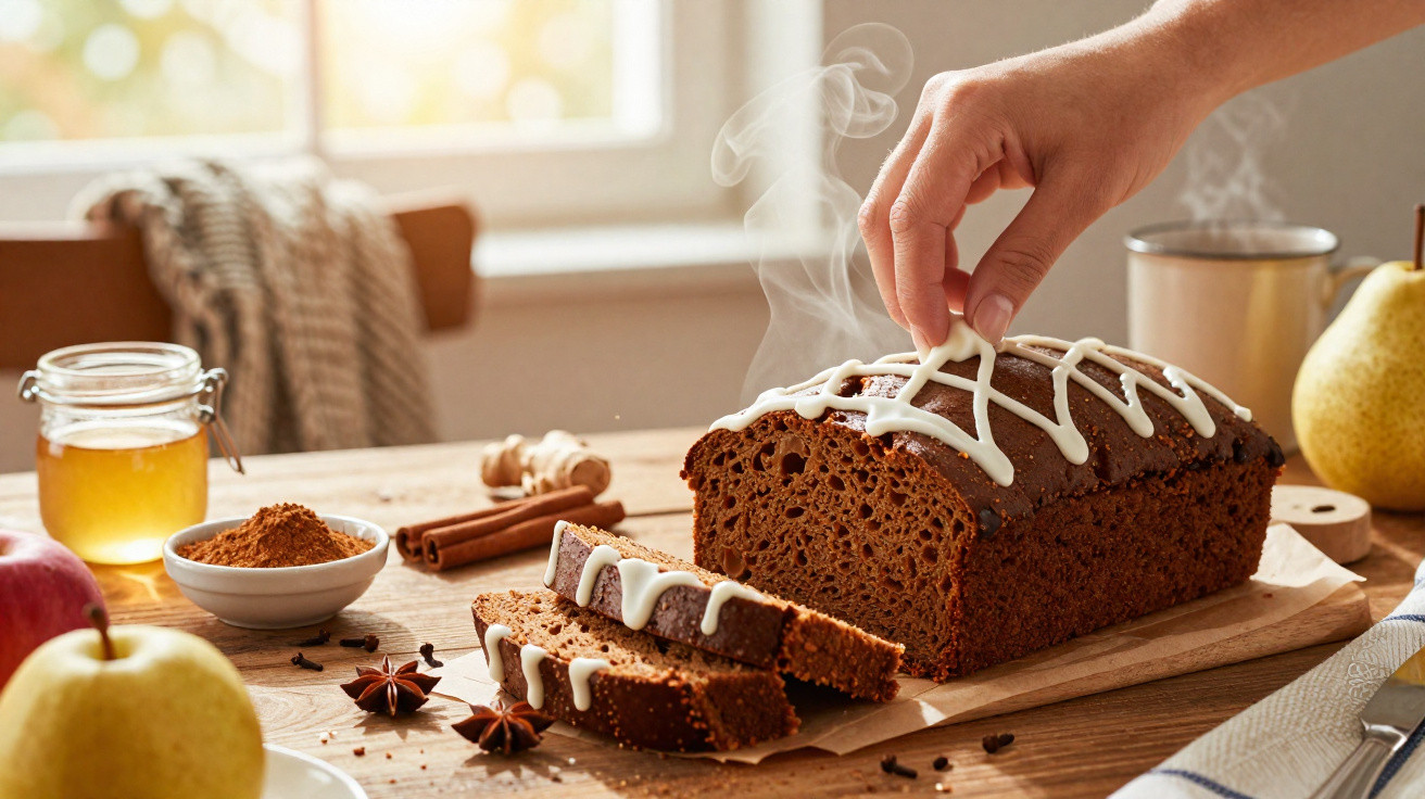Mão a decorar bolo de especiarias quente com glacê branco numa mesa com canela, frutas e mel.