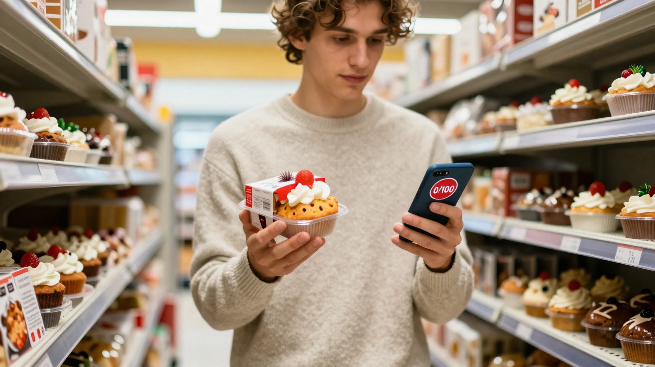 Homem jovem a segurar bolo e a consultar telemóvel num corredor de supermercado com bolos expostos nas prateleiras.