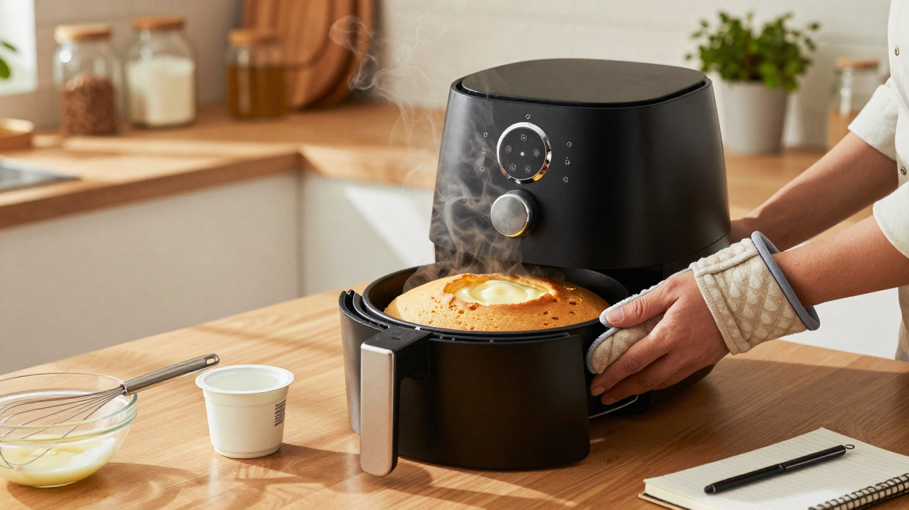 Pessoa a retirar bolo acabado de cozer numa fritadeira elétrica numa cozinha moderna.