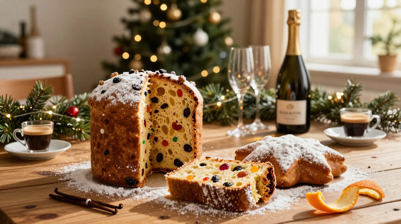 Mesa de madeira com panetone, bolo decorado com açúcar em pó, duas chávenas de café, champanhe e enfeites de Natal.