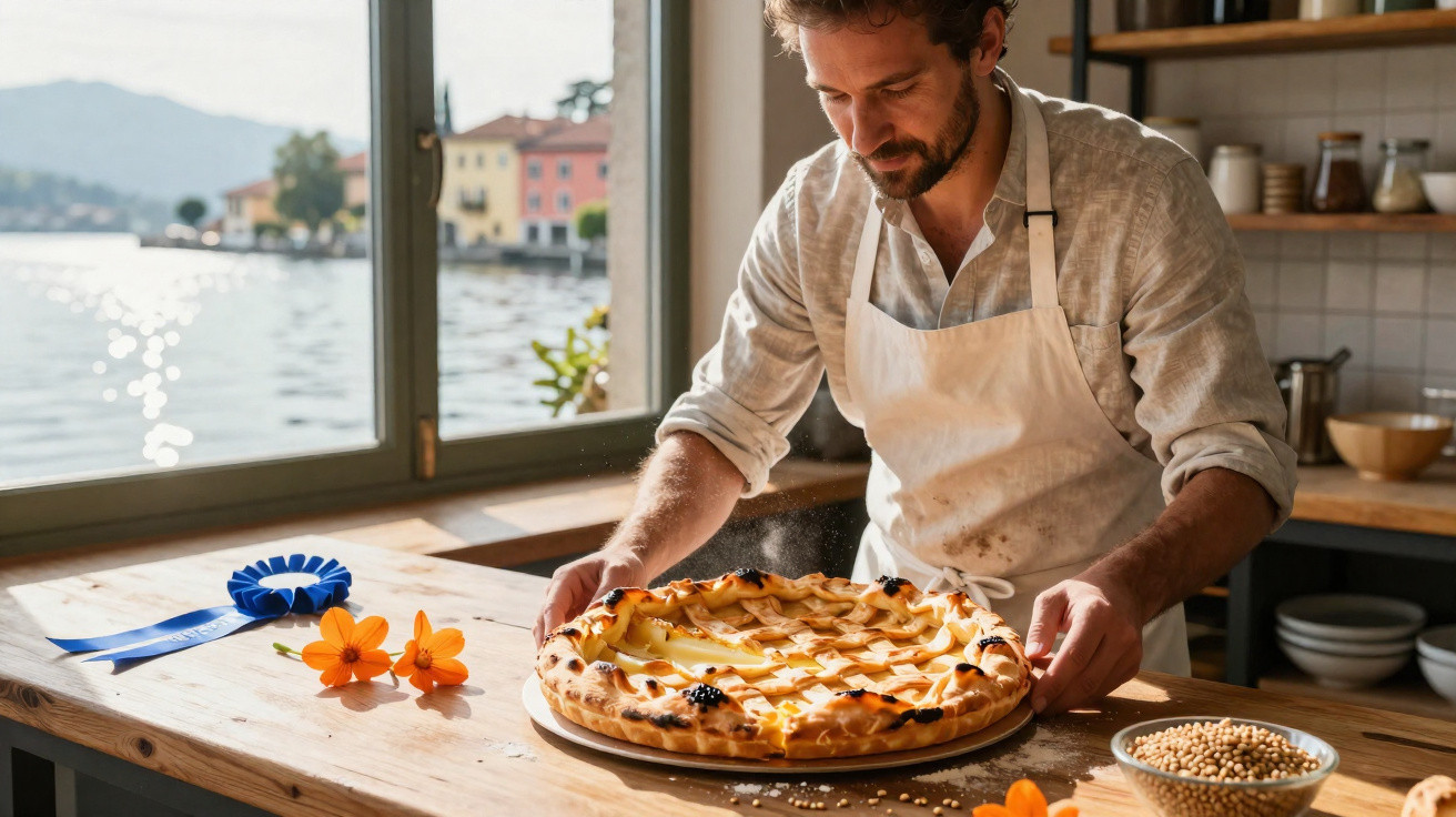 Homem com avental apresenta uma pizza acabada de fazer numa cozinha com vista para o lago.
