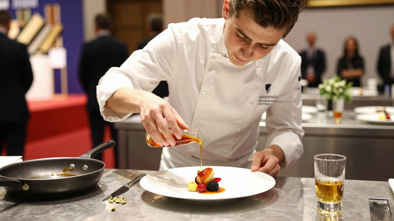 Chef jovem a decorar prato com frutas e molho num ambiente profissional de cozinha.