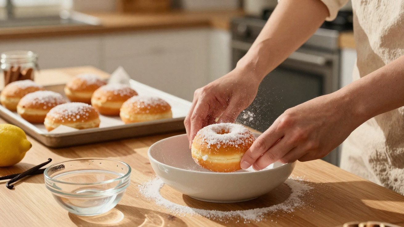 Pessoa polvilha açúcar em cima de um donut numa cozinha com vários donuts numa tabuleiro ao fundo.