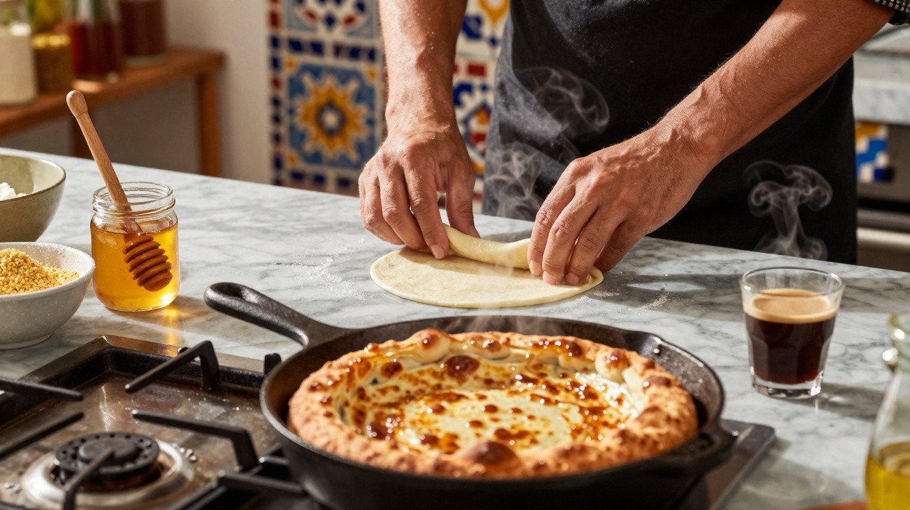 Pessoa a preparar massa de pizza numa bancada com pizza cozinhada num pote, mel e café próximos.