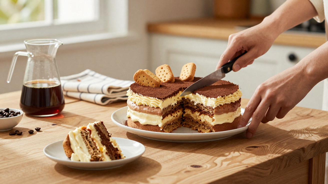 Bolo de camadas com creme e biscoitos no topo sendo cortado por uma pessoa numa cozinha luminosa.