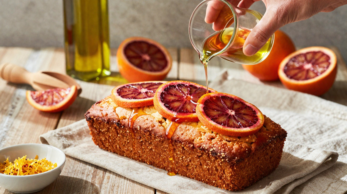 Bolo com fatias de laranja sanguínea e mel a ser derramado, com limões cortados e raspas à volta.
