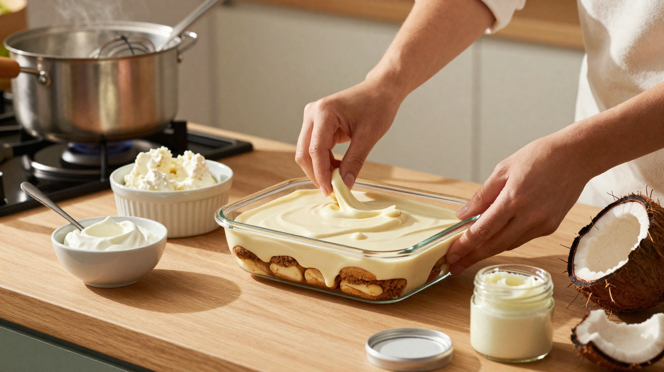 Mãos a alisar creme numa travessa de vidro com bolachas, iogurte, queijo fresco e coco partido na bancada.